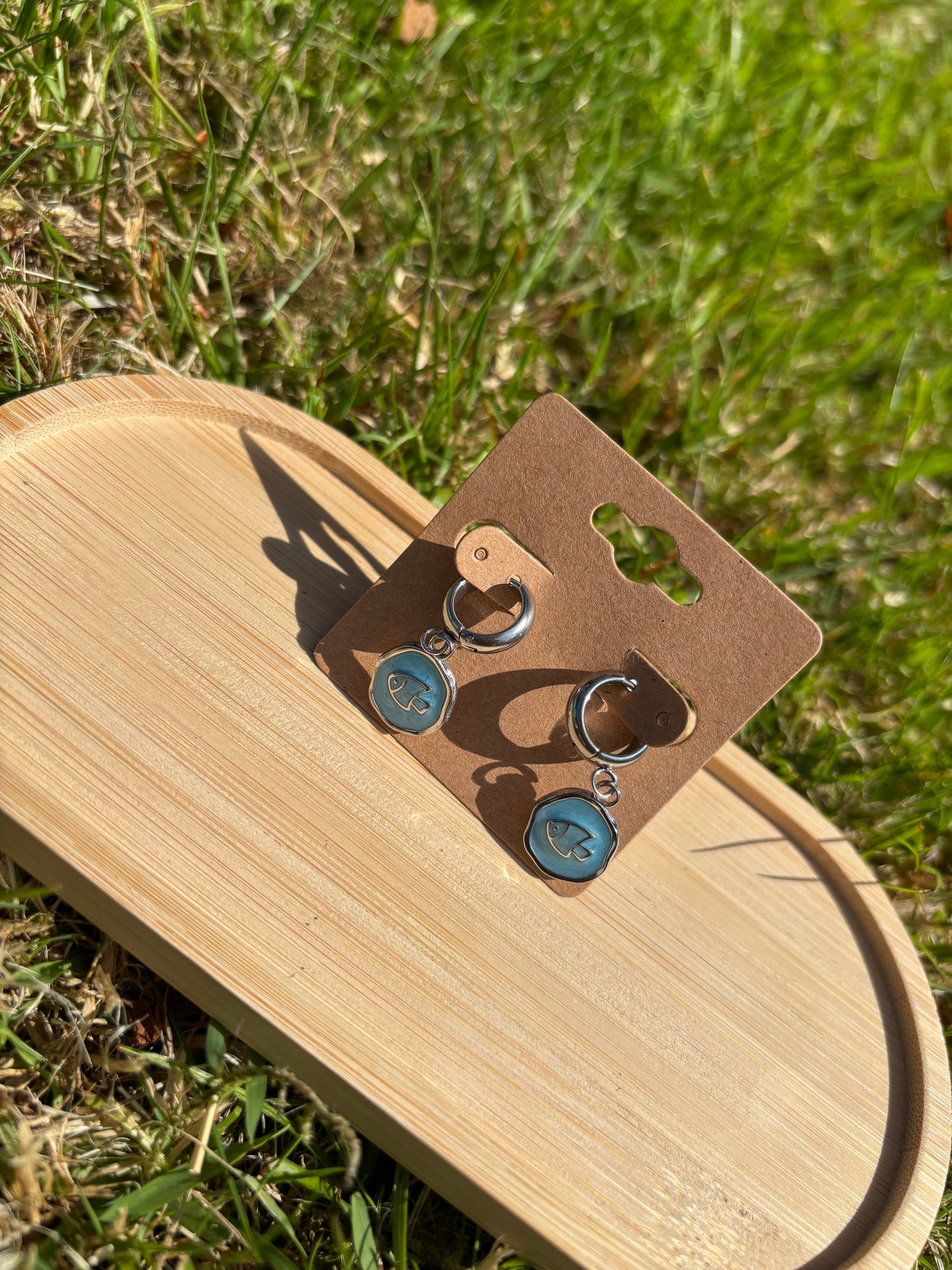 Blue fish pendent silver hoops