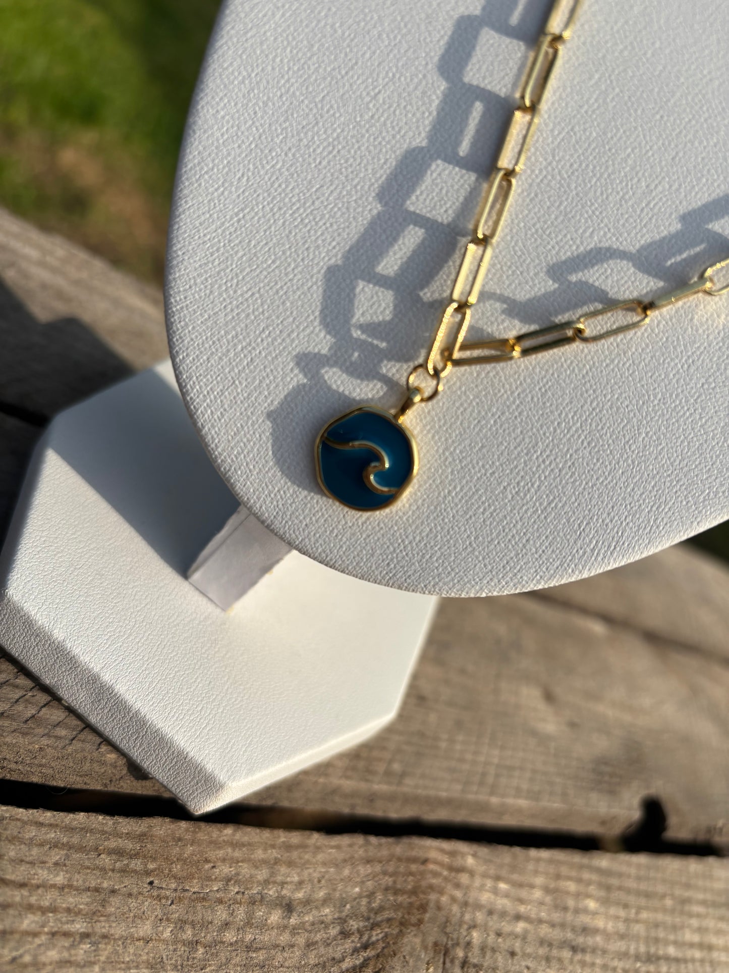 Wave Pendent Gold Paperclip Necklace