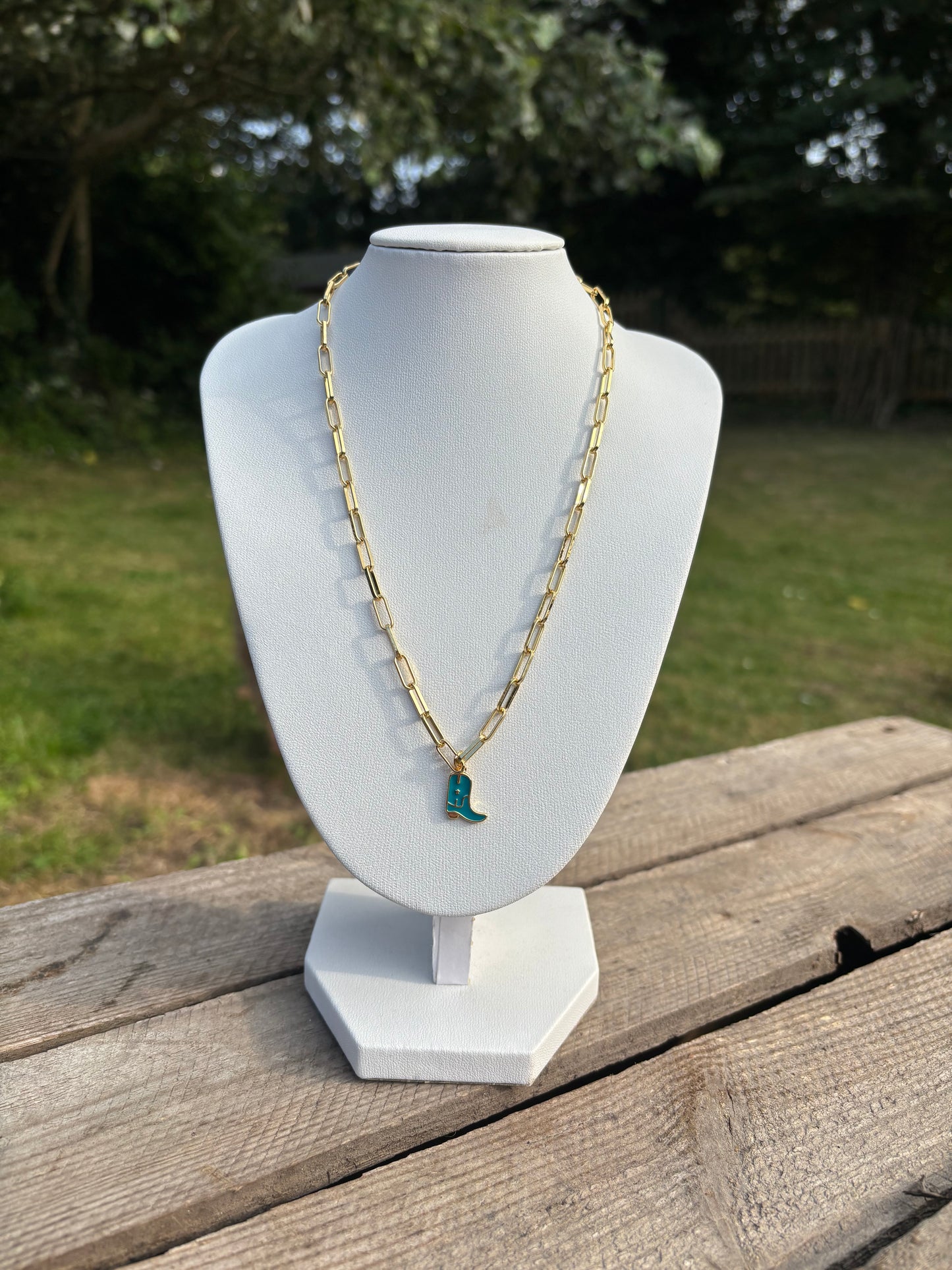 Turquoise Cowboy Boot Gold Paperclip Necklace