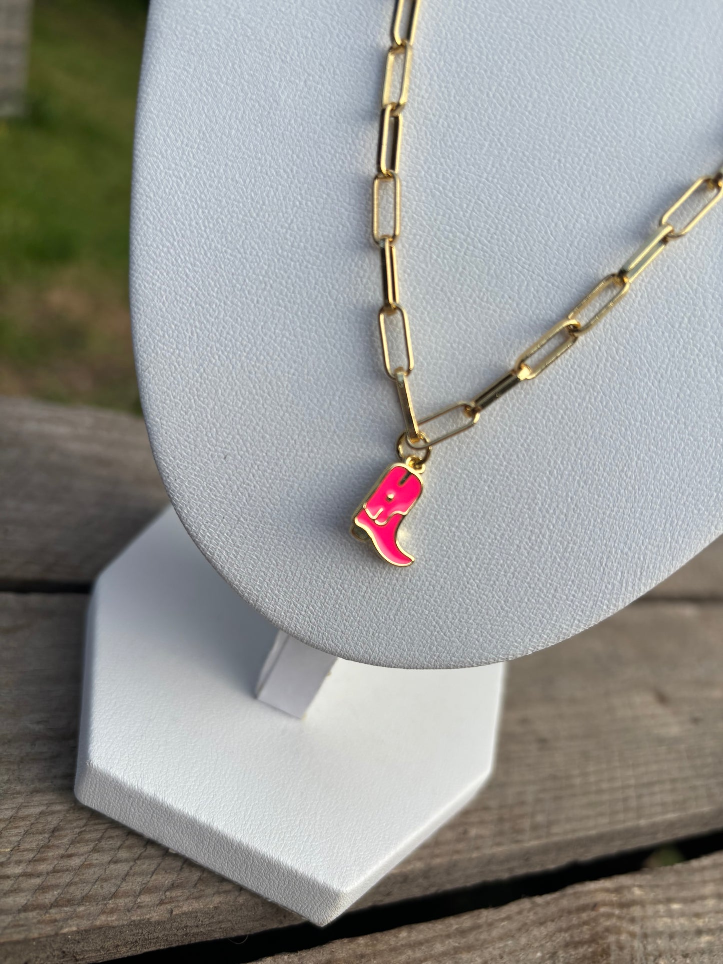 Pink Cowboy Boot Gold Paperclip Necklace