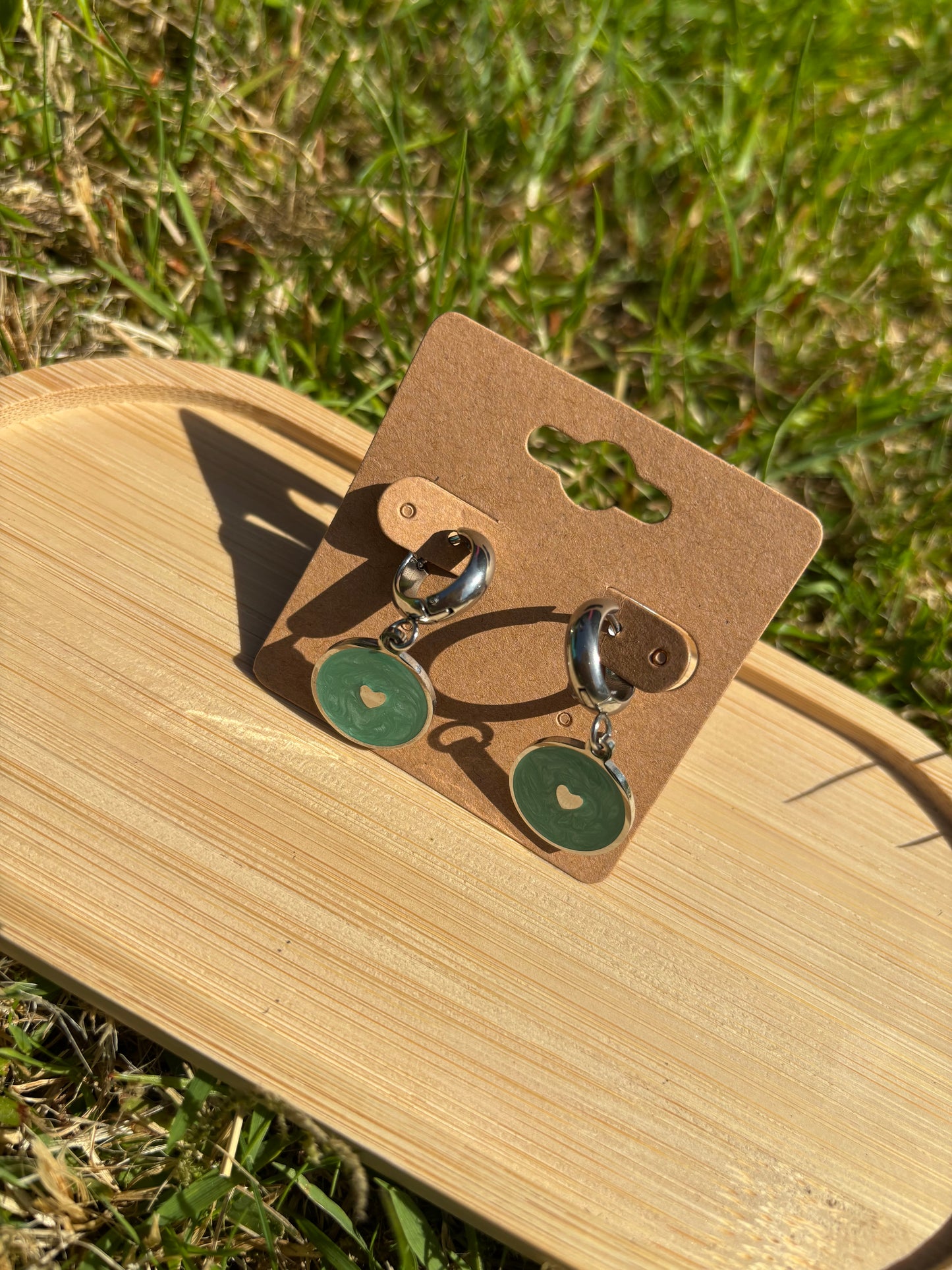 Green heart pendent silver hoops