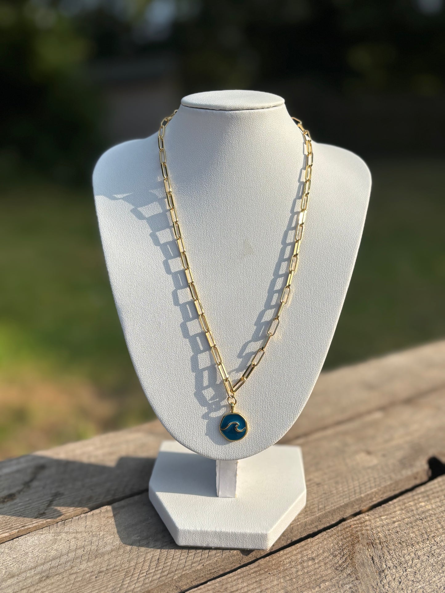 Wave Pendent Gold Paperclip Necklace