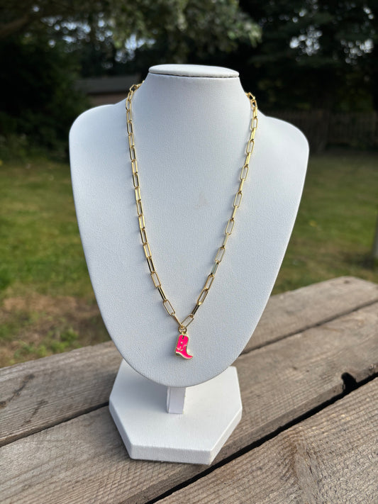 Pink Cowboy Boot Gold Paperclip Necklace